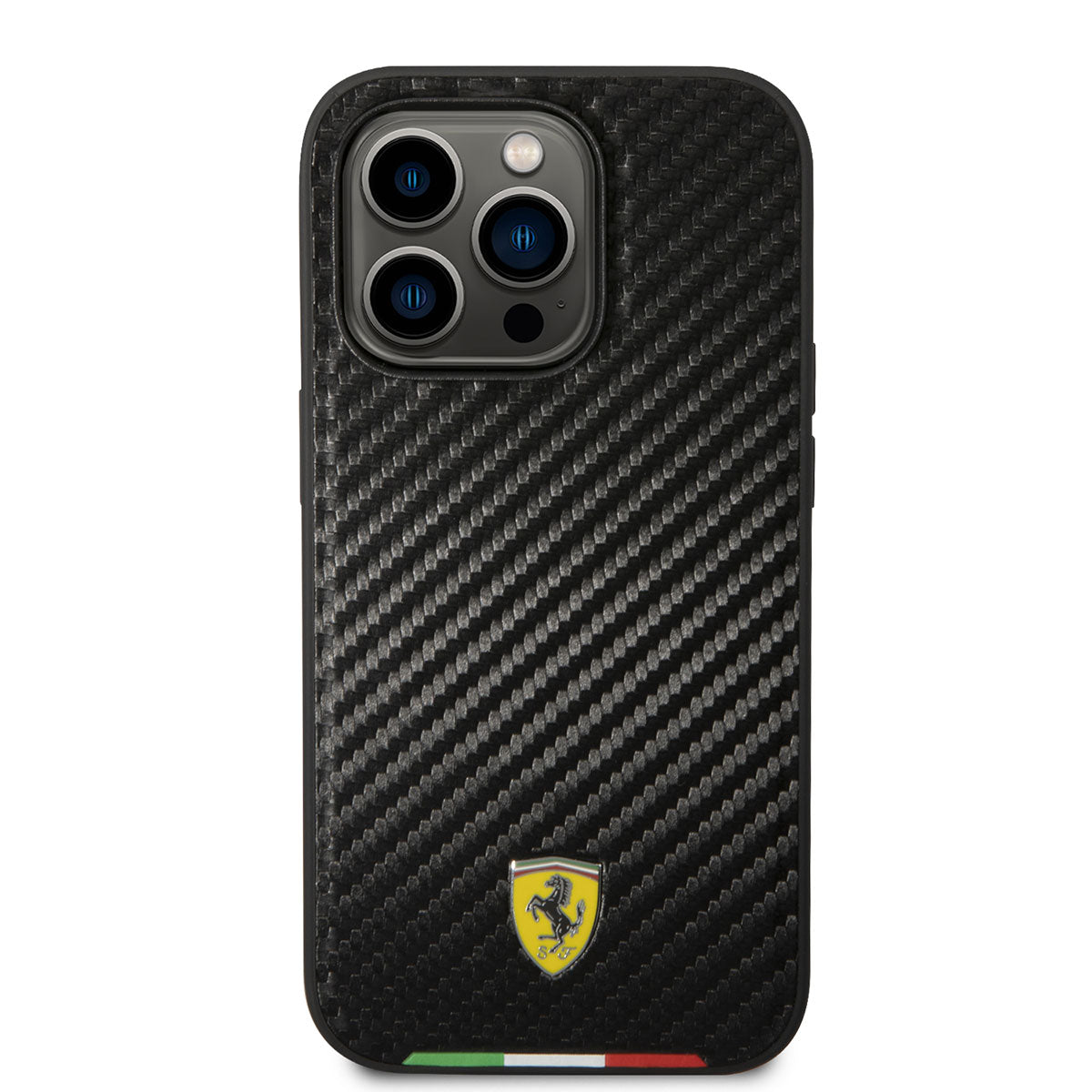 iPhone 14 Pro Kılıf Ferrari Magsafe Şarj Özellikli Karbon İtalyan Bayrak Dizayn Kılıf Siyah