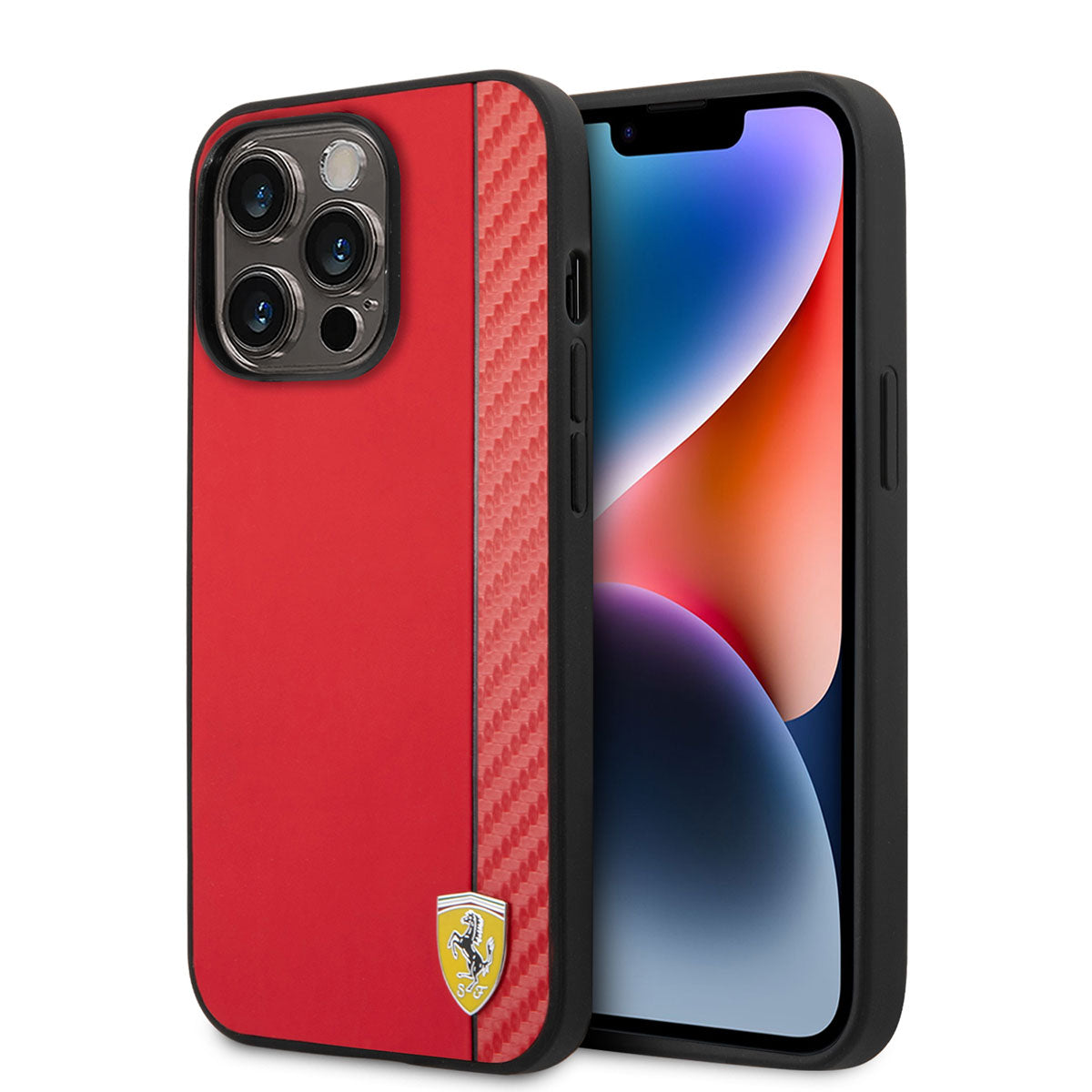 iPhone 14 Pro Kılıf Ferrari Magsafe Şarj Özellikli PU Deri Karbon Şeritli Dizayn Kılıf Kırmızı