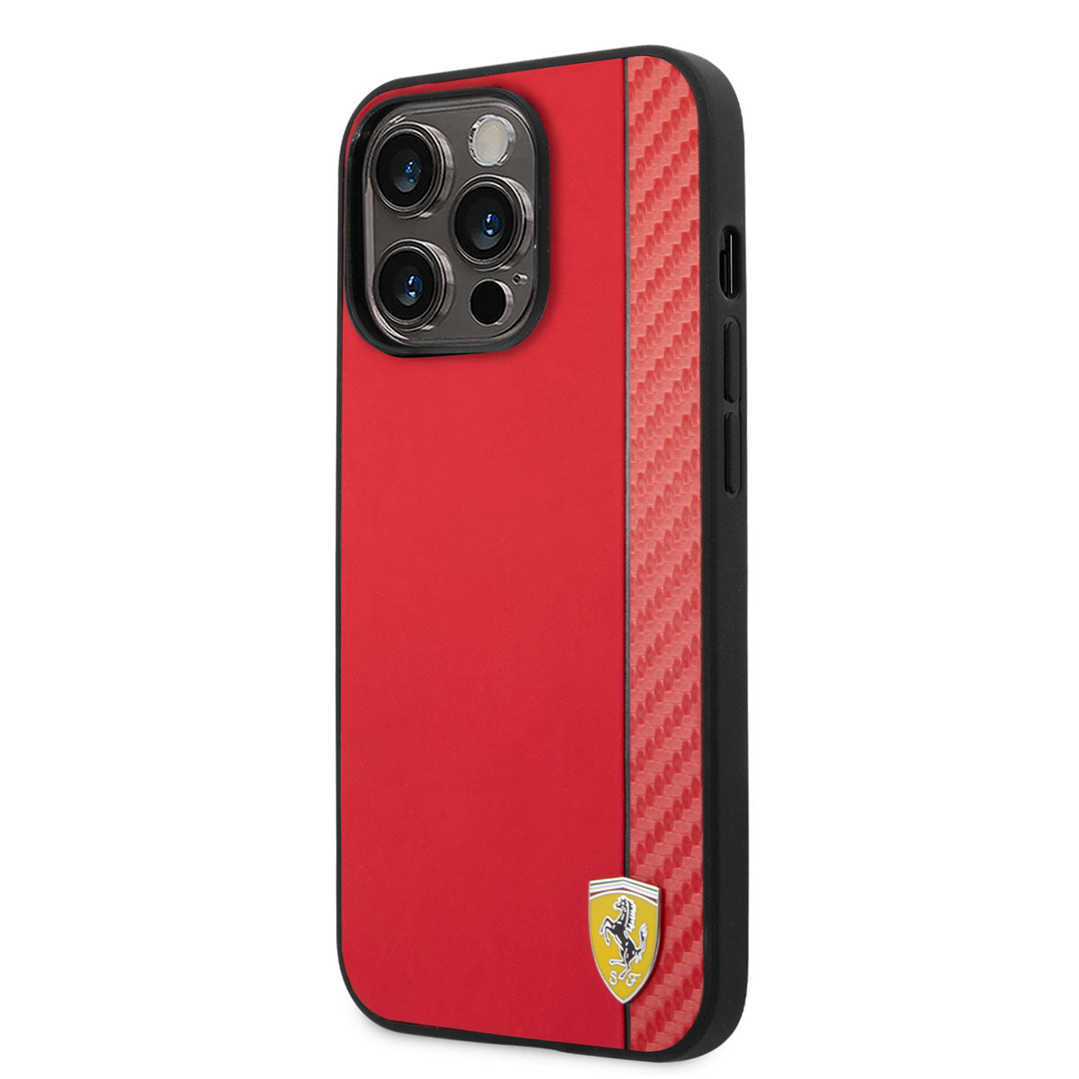 iPhone 14 Pro Kılıf Ferrari Magsafe Şarj Özellikli PU Deri Karbon Şeritli Dizayn Kılıf Kırmızı
