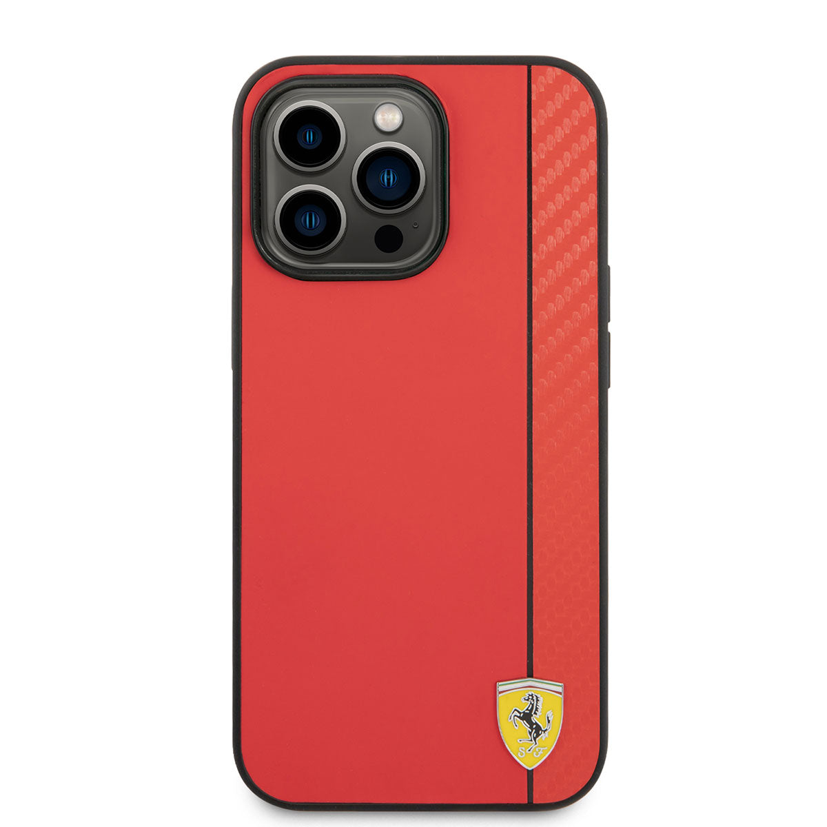 iPhone 14 Pro Kılıf Ferrari Magsafe Şarj Özellikli PU Deri Karbon Şeritli Dizayn Kılıf Kırmızı
