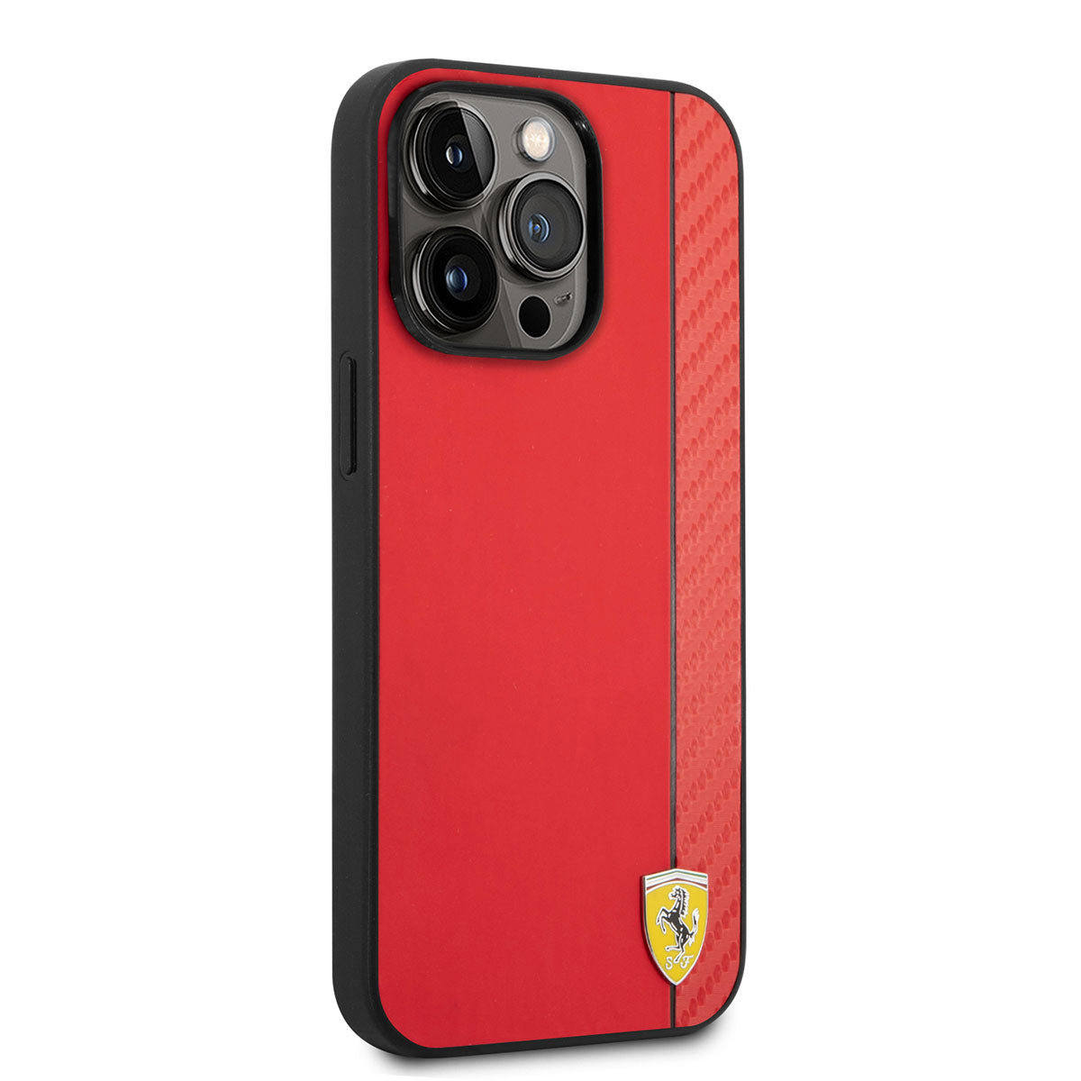 iPhone 14 Pro Kılıf Ferrari Magsafe Şarj Özellikli PU Deri Karbon Şeritli Dizayn Kılıf Kırmızı