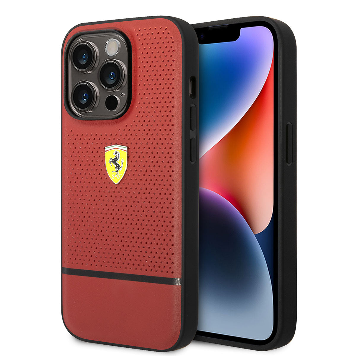 iPhone 14 Pro Kılıf Ferrari Orjinal Lisanslı Deri Delikli Ve Çizgili Dizayn Kılıf Kırmızı