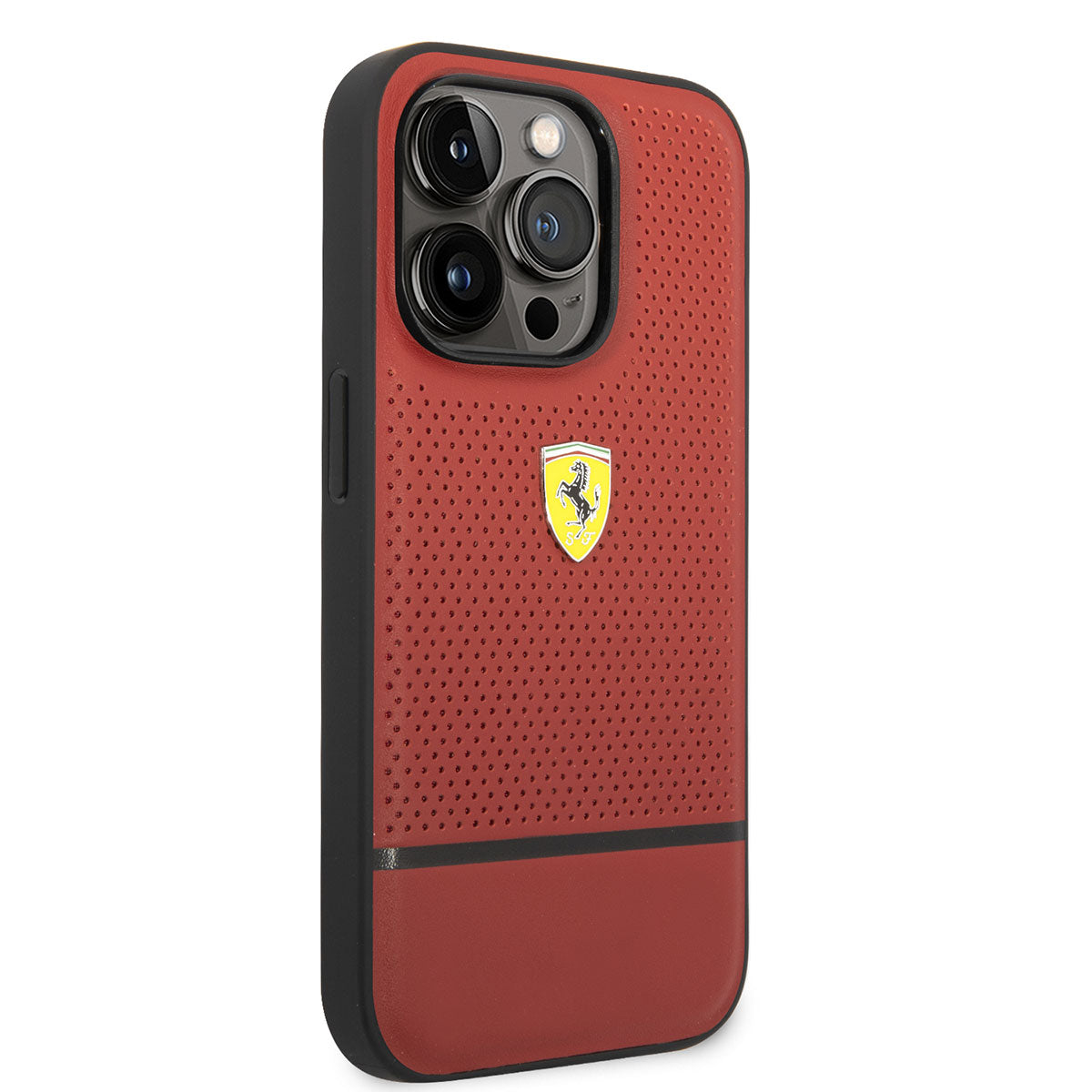 iPhone 14 Pro Kılıf Ferrari Orjinal Lisanslı Deri Delikli Ve Çizgili Dizayn Kılıf Kırmızı