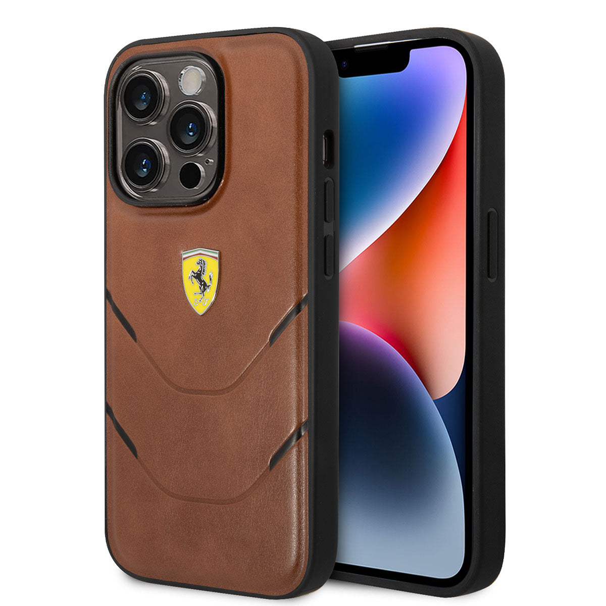 iPhone 14 Pro Kılıf Ferrari Orjinal Lisanslı PU Deri Sıcak Baskı Çizgili Dizayn Kılıf Kahverengi