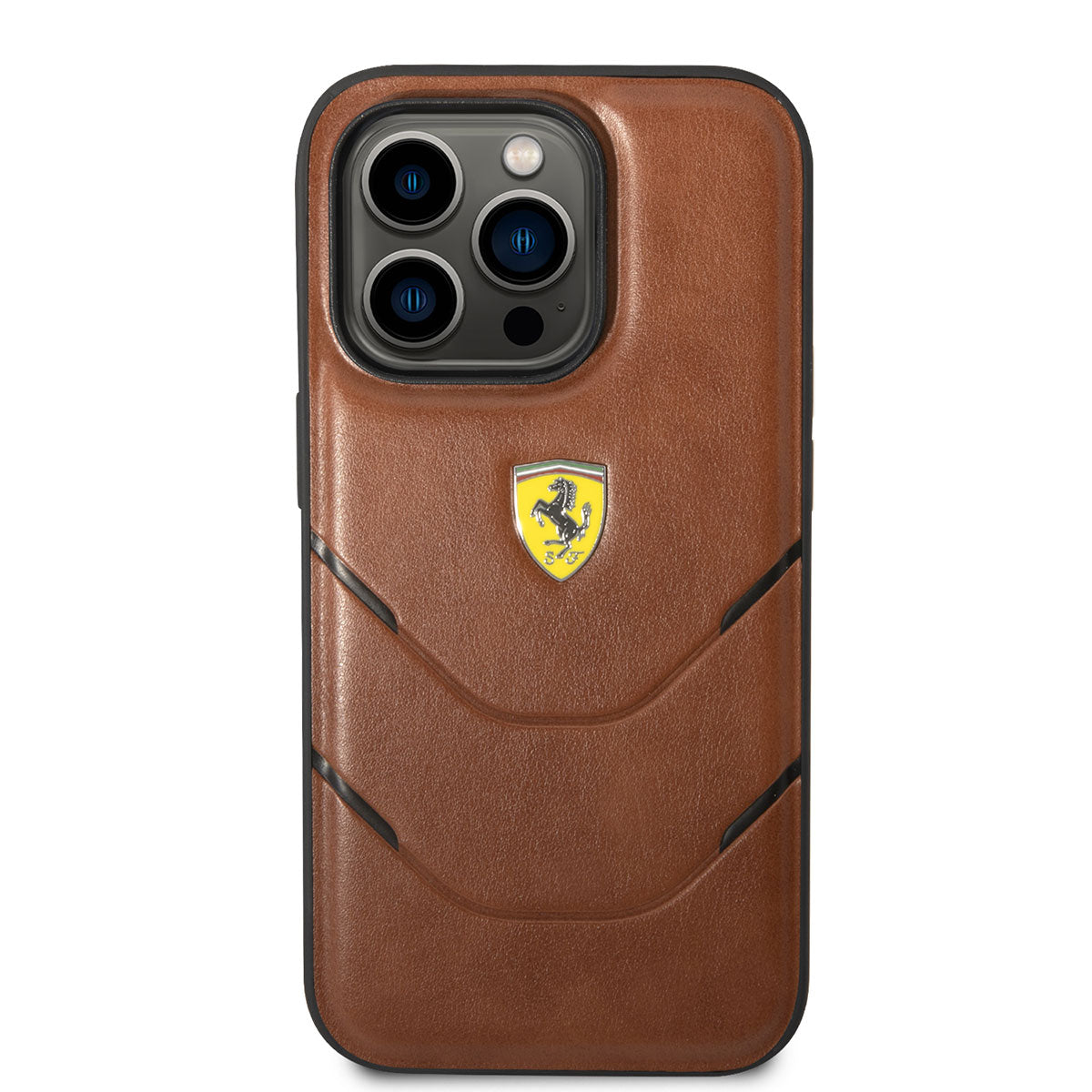 iPhone 14 Pro Kılıf Ferrari Orjinal Lisanslı PU Deri Sıcak Baskı Çizgili Dizayn Kılıf Kahverengi