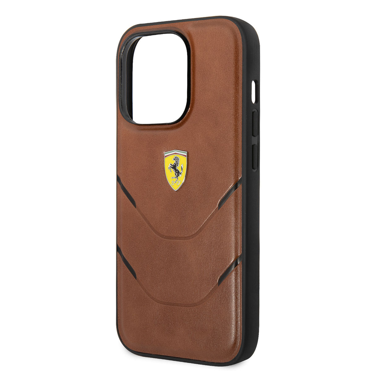 iPhone 14 Pro Kılıf Ferrari Orjinal Lisanslı PU Deri Sıcak Baskı Çizgili Dizayn Kılıf Kahverengi