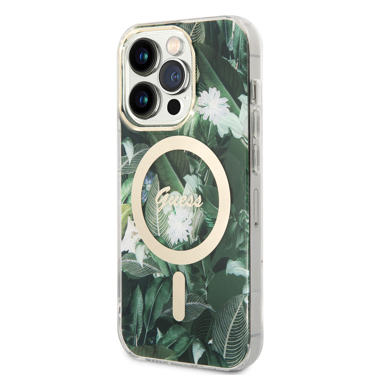 Apple iPhone 14 Pro Kılıf GUESS Magsafe Şarj Özellikli Yaprak Desenli Magsafe Şarj Kablolu Kapak Pembe