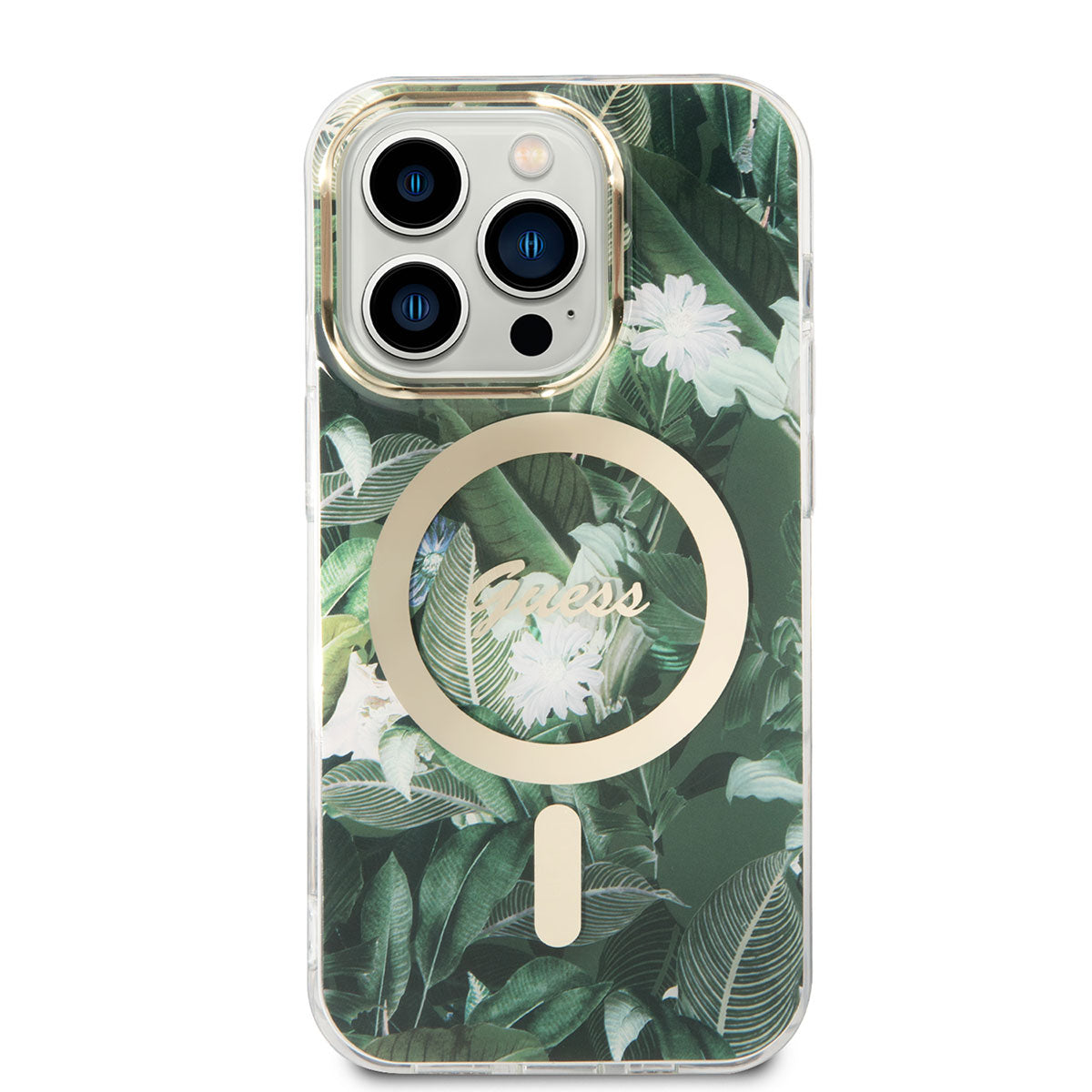 Apple iPhone 14 Pro Kılıf GUESS Magsafe Şarj Özellikli Yaprak Desenli Magsafe Şarj Kablolu Kapak Pembe