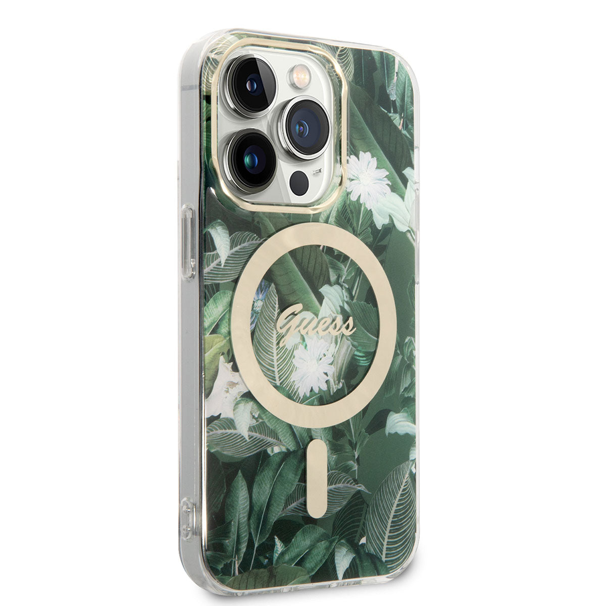 Apple iPhone 14 Pro Kılıf GUESS Magsafe Şarj Özellikli Yaprak Desenli Magsafe Şarj Kablolu Kapak Pembe