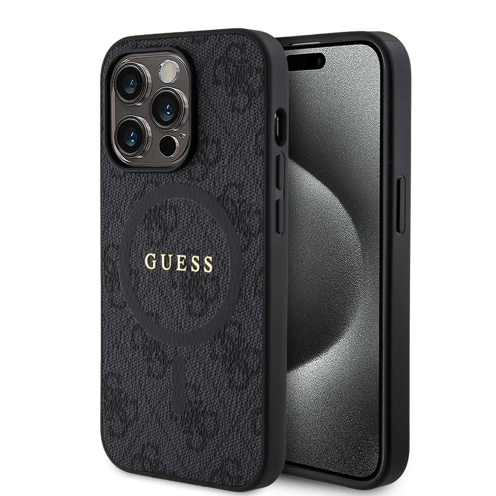 Apple iPhone 14 Pro Kılıf Guess Orjinal Lisanslı Magsafe Şarj Özellikli PU Halkalı 4G Desenli Yazı Logolu Kapak Kahverengi