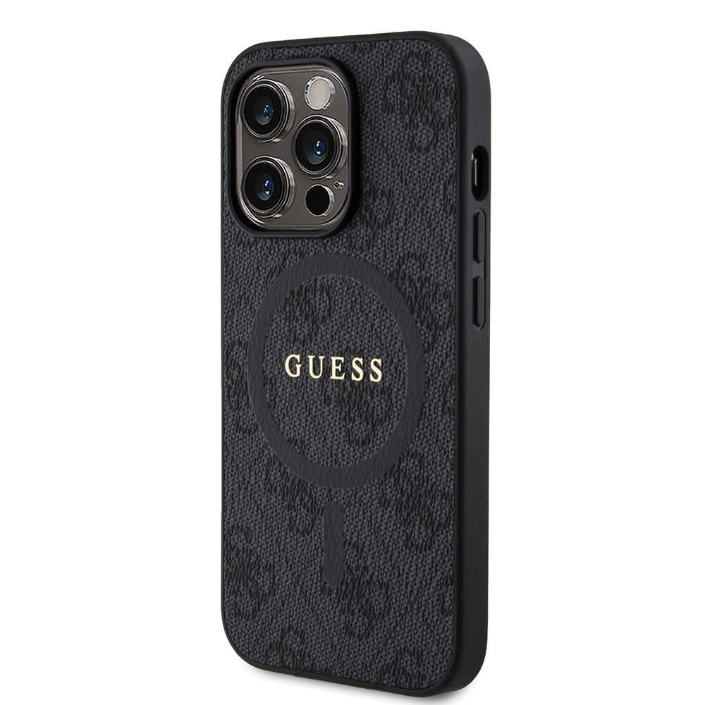 Apple iPhone 14 Pro Kılıf Guess Orjinal Lisanslı Magsafe Şarj Özellikli PU Halkalı 4G Desenli Yazı Logolu Kapak Siyah