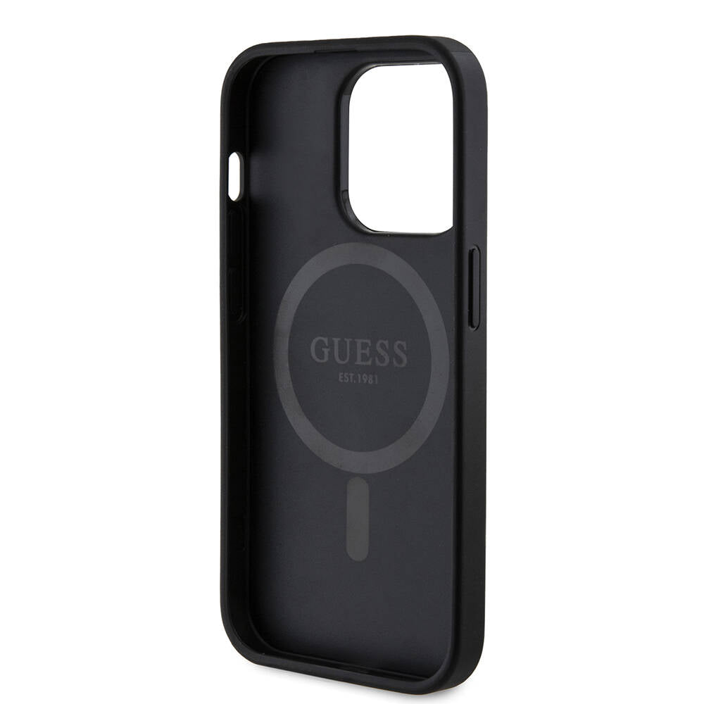Apple iPhone 14 Pro Kılıf Guess Orjinal Lisanslı Magsafe Şarj Özellikli PU Halkalı 4G Desenli Yazı Logolu Kapak Siyah