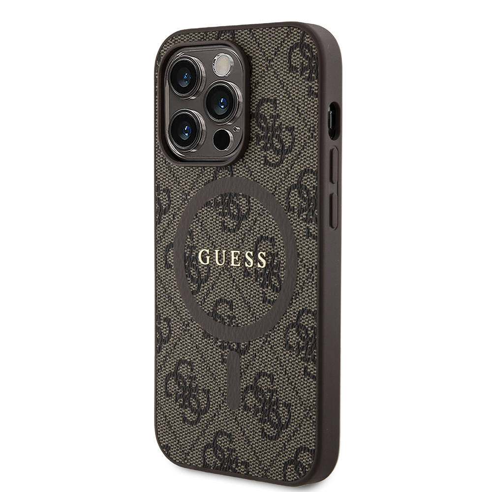 Apple iPhone 14 Pro Kılıf Guess Orjinal Lisanslı Magsafe Şarj Özellikli PU Halkalı 4G Desenli Yazı Logolu Kapak Pembe