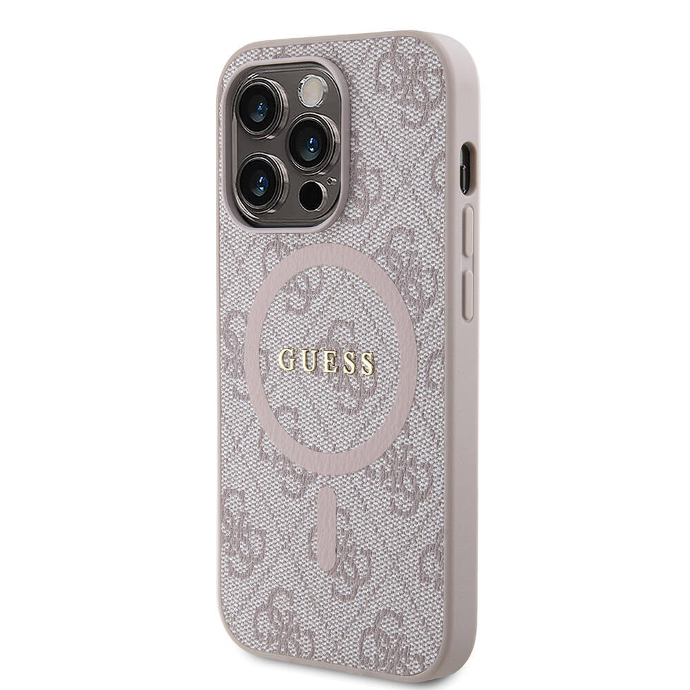 Apple iPhone 14 Pro Kılıf Guess Orjinal Lisanslı Magsafe Şarj Özellikli PU Halkalı 4G Desenli Yazı Logolu Kapak Pembe
