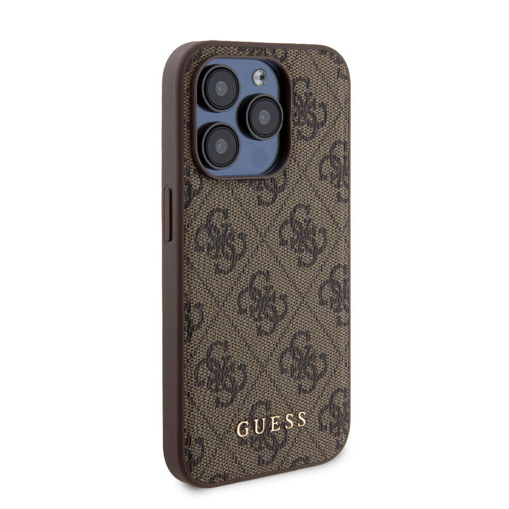 Apple iPhone 14 Pro Kılıf Guess Orjinal Lisanslı Magsafe Şarj Özellikli Yazı Logolu 4G Desenli Kapak + Powerbank 5000mAh 2in1 Set Kahverengi