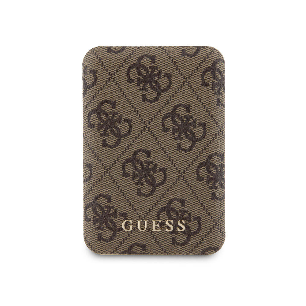 Apple iPhone 14 Pro Kılıf Guess Orjinal Lisanslı Magsafe Şarj Özellikli Yazı Logolu 4G Desenli Kapak + Powerbank 5000mAh 2in1 Set Kahverengi