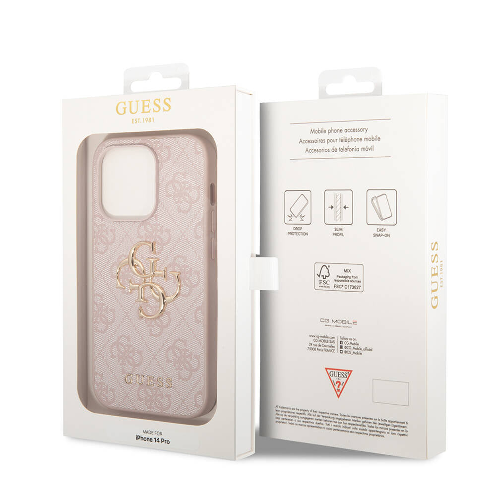 Apple iPhone 14 Pro Kılıf Guess PU Deri Büyük Metal Logo Dizaynlı Kapak Pembe