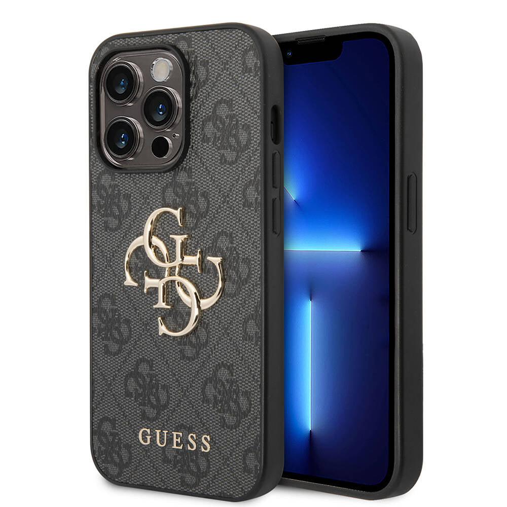 Apple iPhone 14 Pro Kılıf Guess PU Deri Büyük Metal Logo Dizaynlı Kapak Kahverengi