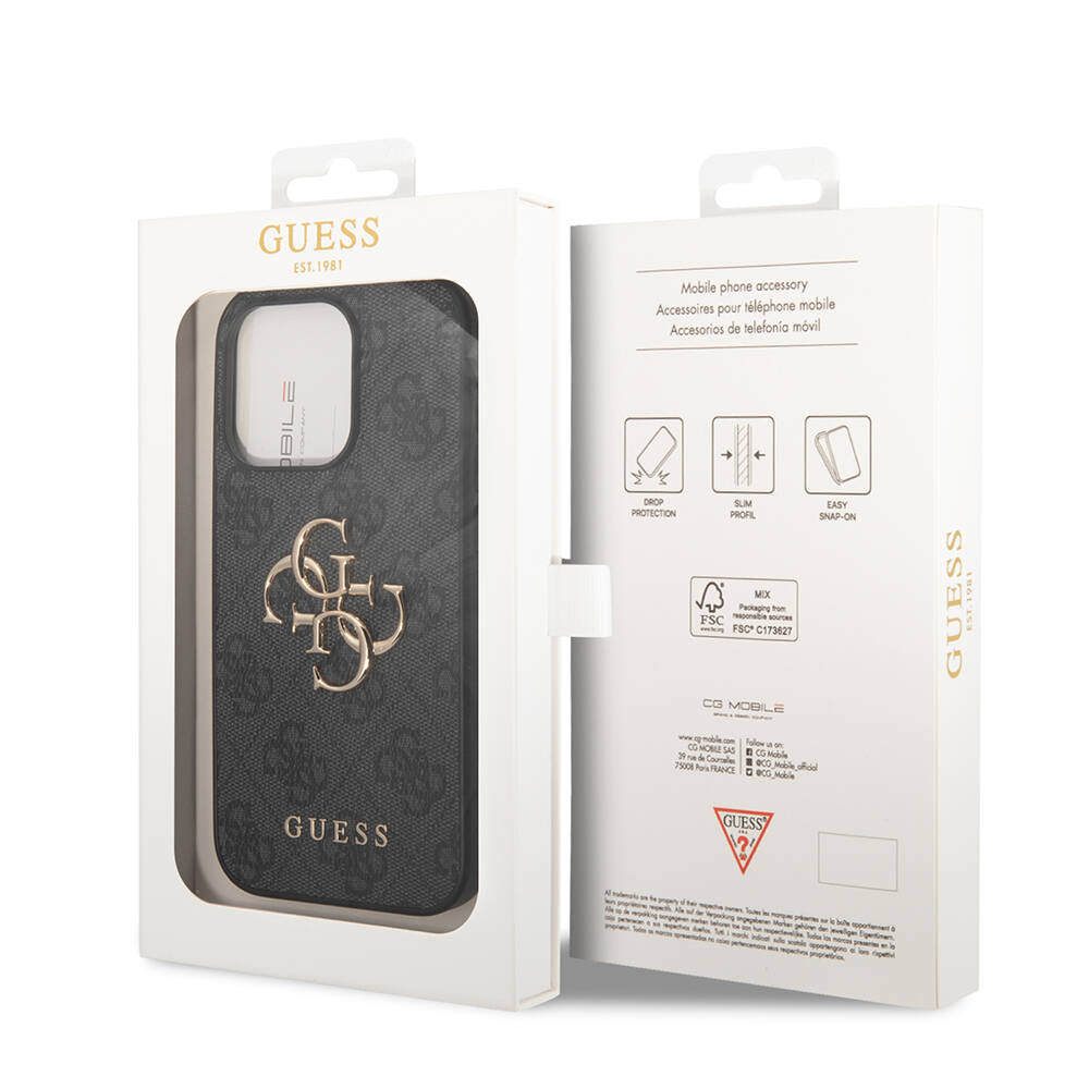 Apple iPhone 14 Pro Kılıf Guess PU Deri Büyük Metal Logo Dizaynlı Kapak Gri