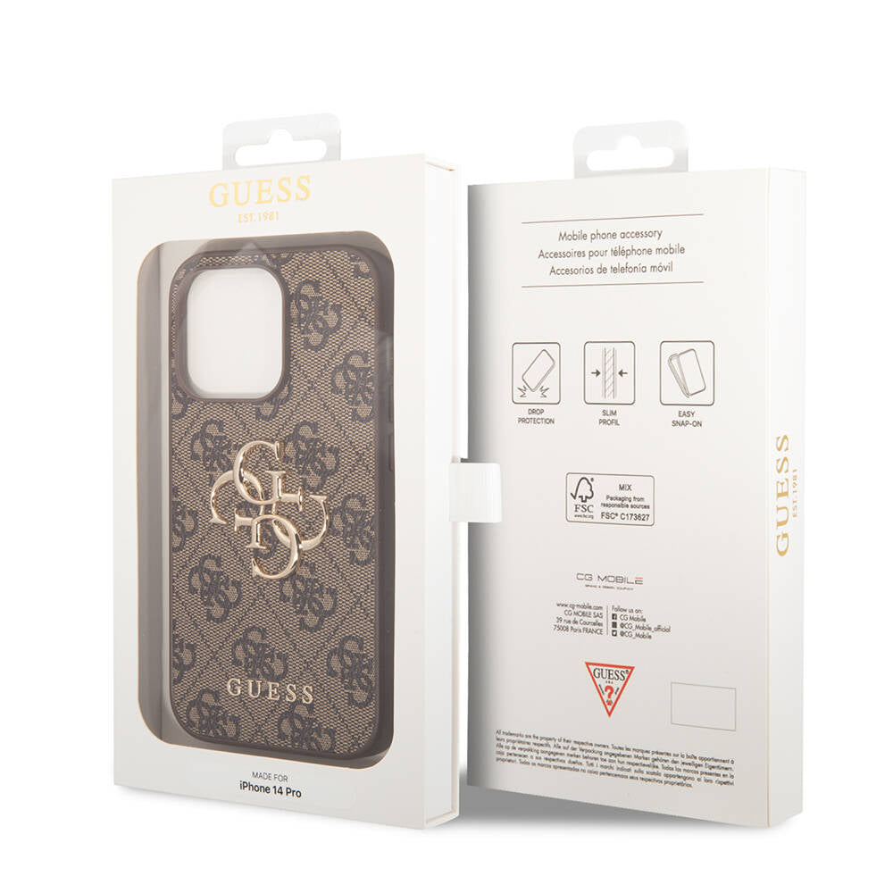 Apple iPhone 14 Pro Kılıf Guess PU Deri Büyük Metal Logo Dizaynlı Kapak Kahverengi