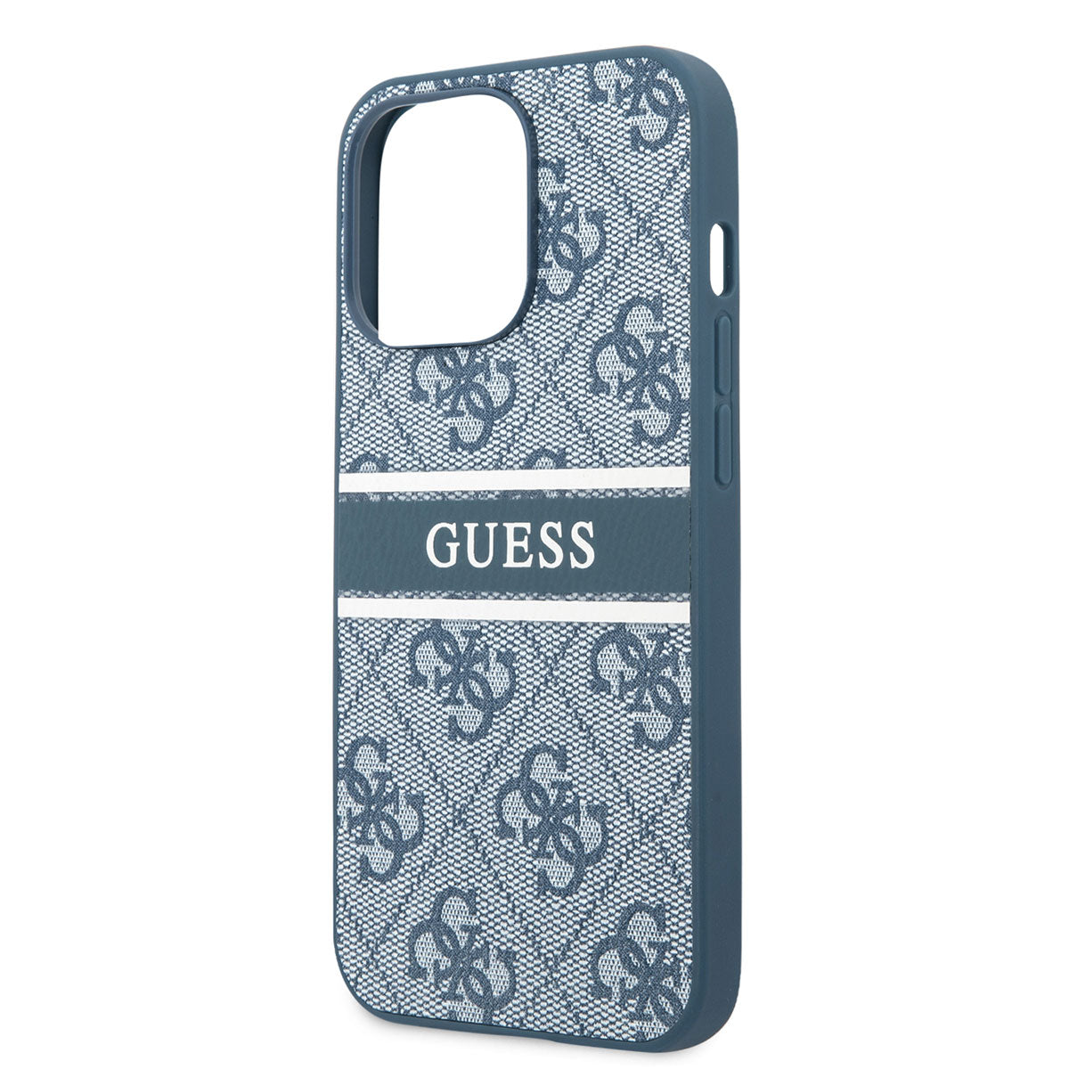 Apple iPhone 14 Pro Kılıf GUESS PU Deri Çizgili Logo Dizaynlı Kapak Mavi