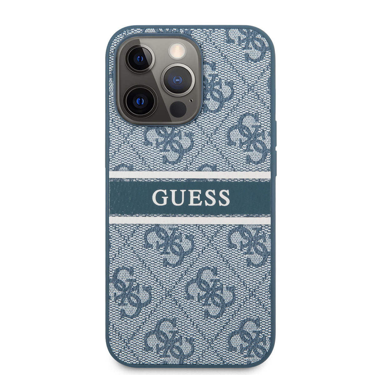 Apple iPhone 14 Pro Kılıf GUESS PU Deri Çizgili Logo Dizaynlı Kapak Mavi