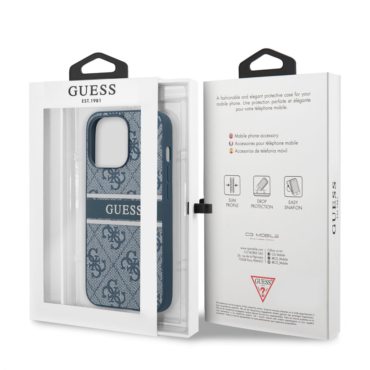 Apple iPhone 14 Pro Kılıf GUESS PU Deri Çizgili Logo Dizaynlı Kapak Mavi