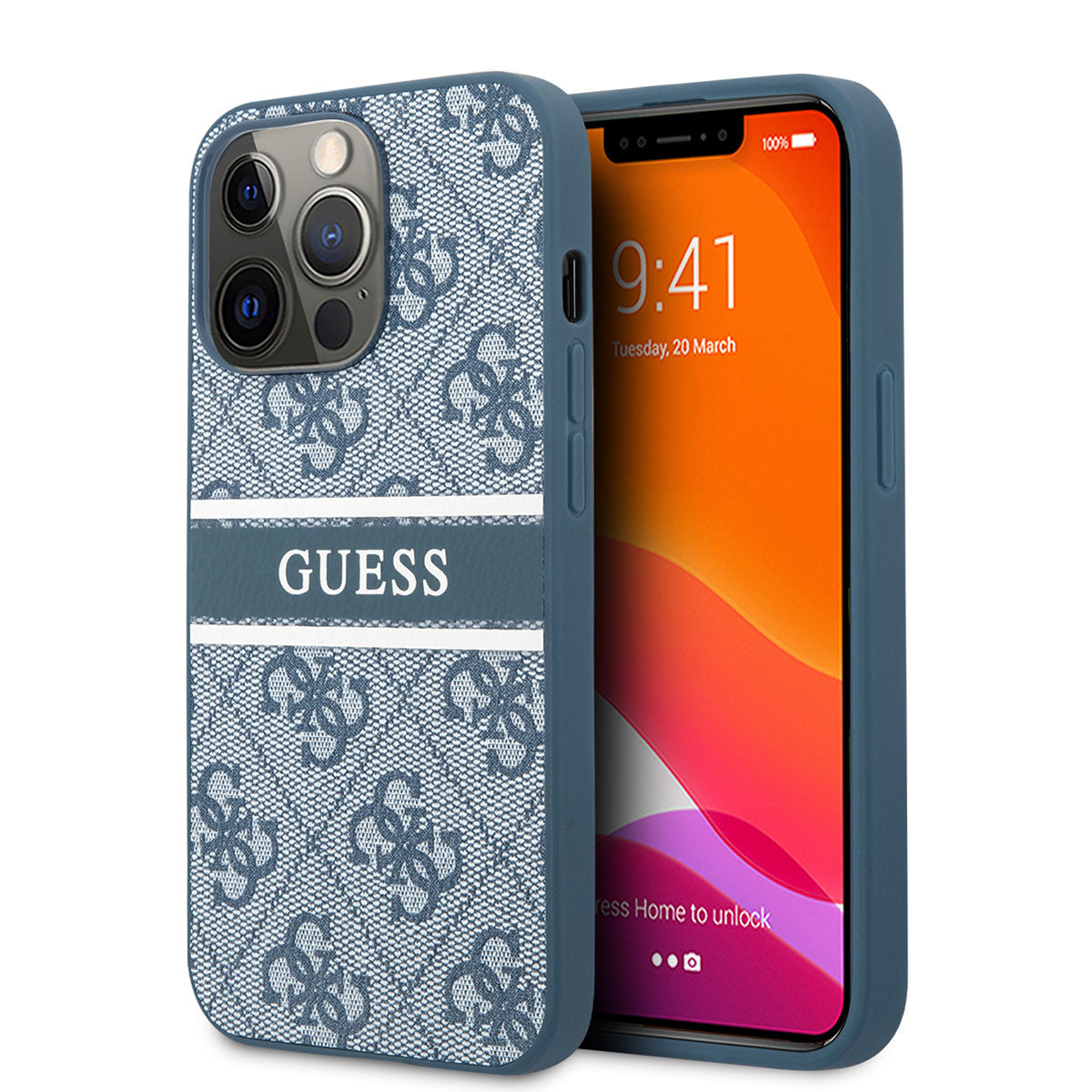 Apple iPhone 14 Pro Kılıf GUESS PU Deri Çizgili Logo Dizaynlı Kapak Mavi