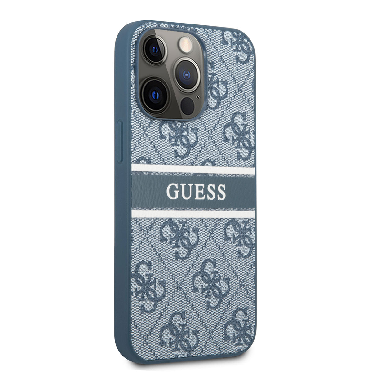 Apple iPhone 14 Pro Kılıf GUESS PU Deri Çizgili Logo Dizaynlı Kapak Mavi