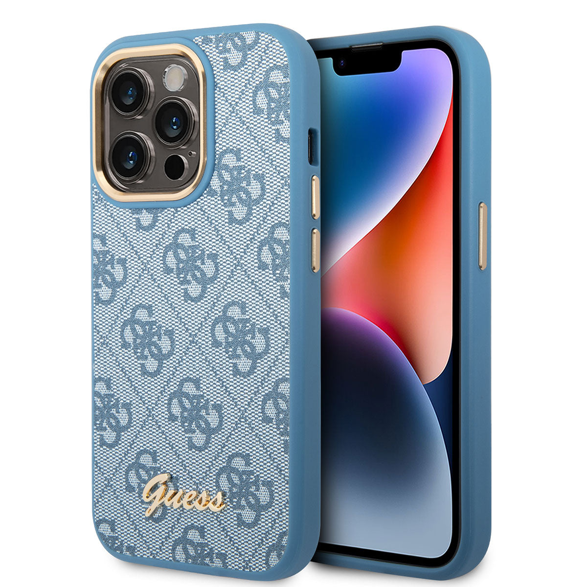 Apple iPhone 14 Pro Kılıf GUESS PU Deri Metal Logo Dizaynlı Kapak Mavi