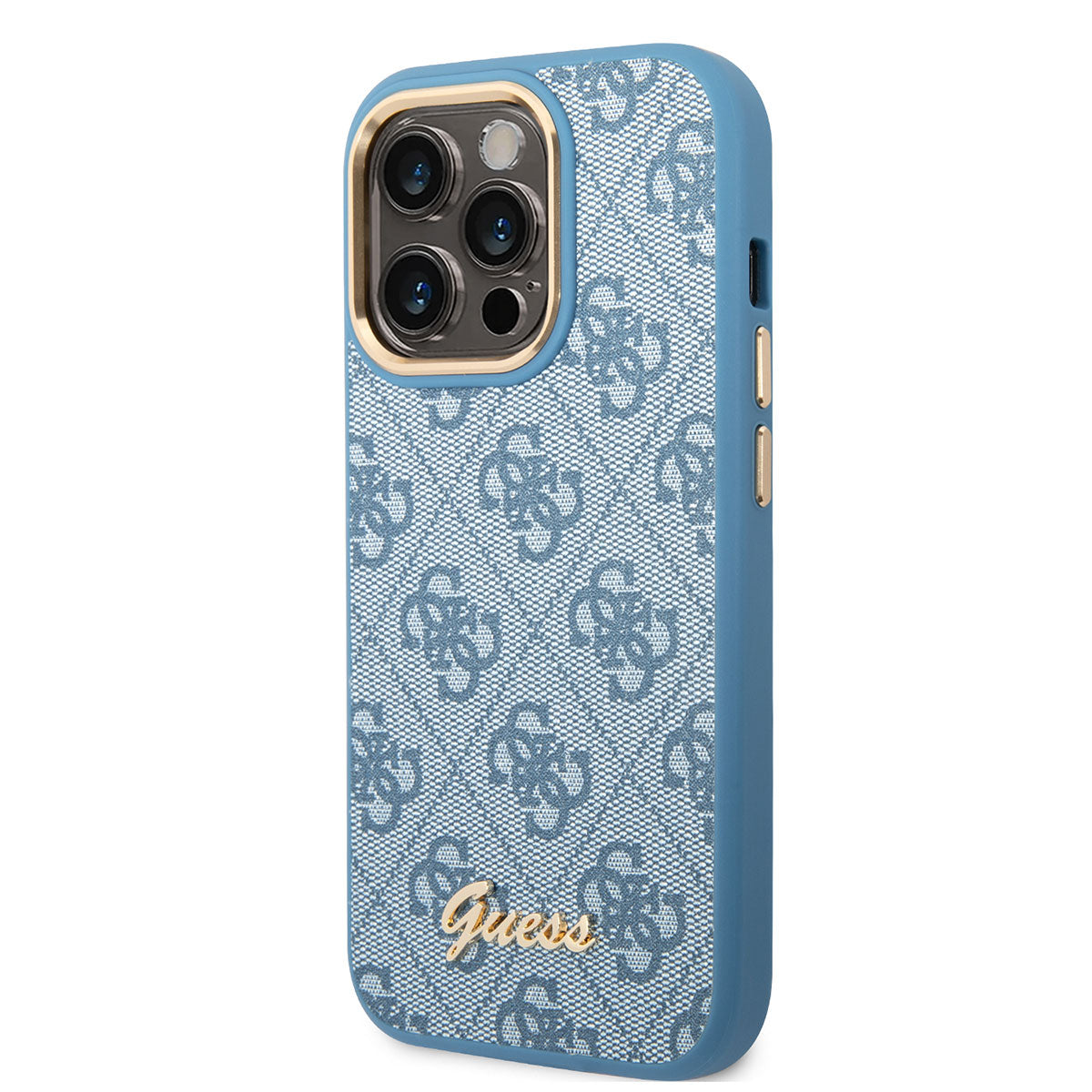 Apple iPhone 14 Pro Kılıf GUESS PU Deri Metal Logo Dizaynlı Kapak Mavi
