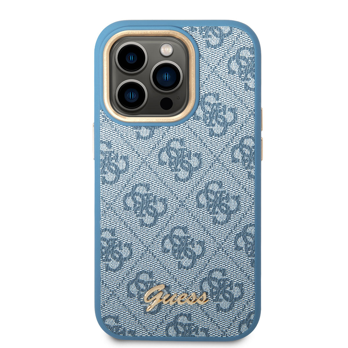 Apple iPhone 14 Pro Kılıf GUESS PU Deri Metal Logo Dizaynlı Kapak Mavi