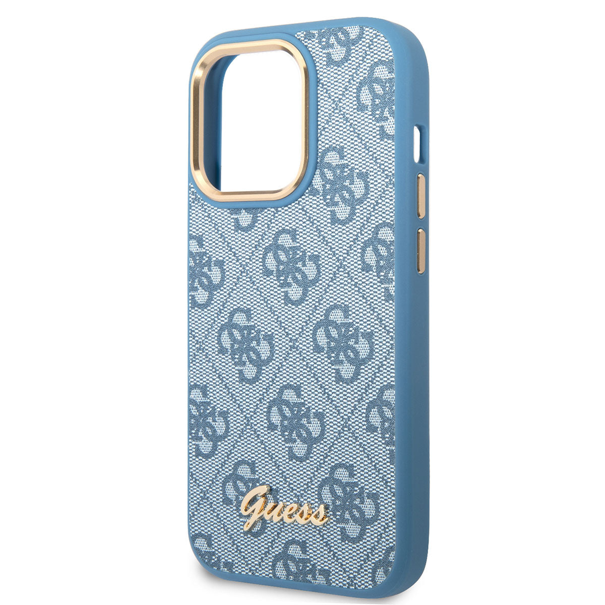 Apple iPhone 14 Pro Kılıf GUESS PU Deri Metal Logo Dizaynlı Kapak Mavi