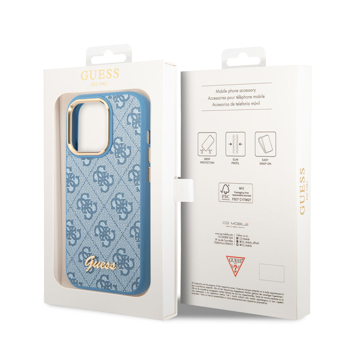 Apple iPhone 14 Pro Kılıf GUESS PU Deri Metal Logo Dizaynlı Kapak Mavi