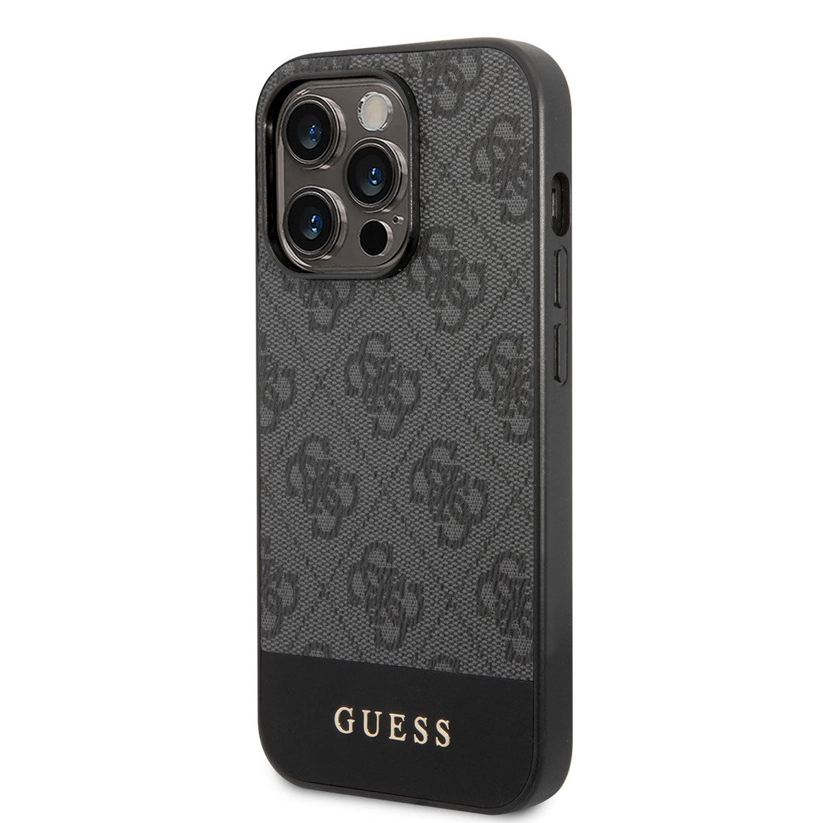 Apple iPhone 14 Pro Kılıf GUESS PU Deri Şerit Logo Dizaynlı Kapak Gri