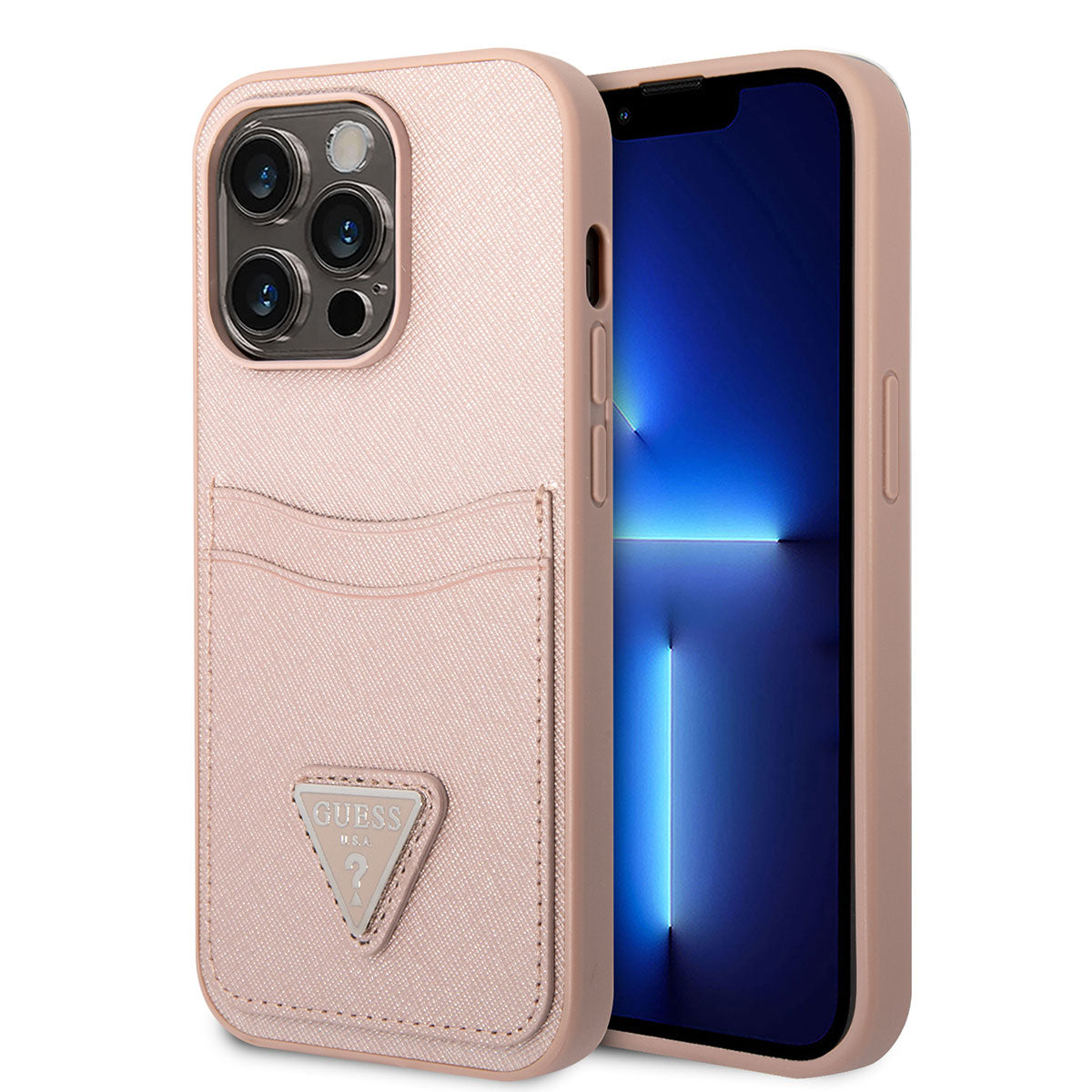 Apple iPhone 14 Pro Kılıf GUESS PU Safran Deri Kartlıklı Dizayn Kapak Pembe
