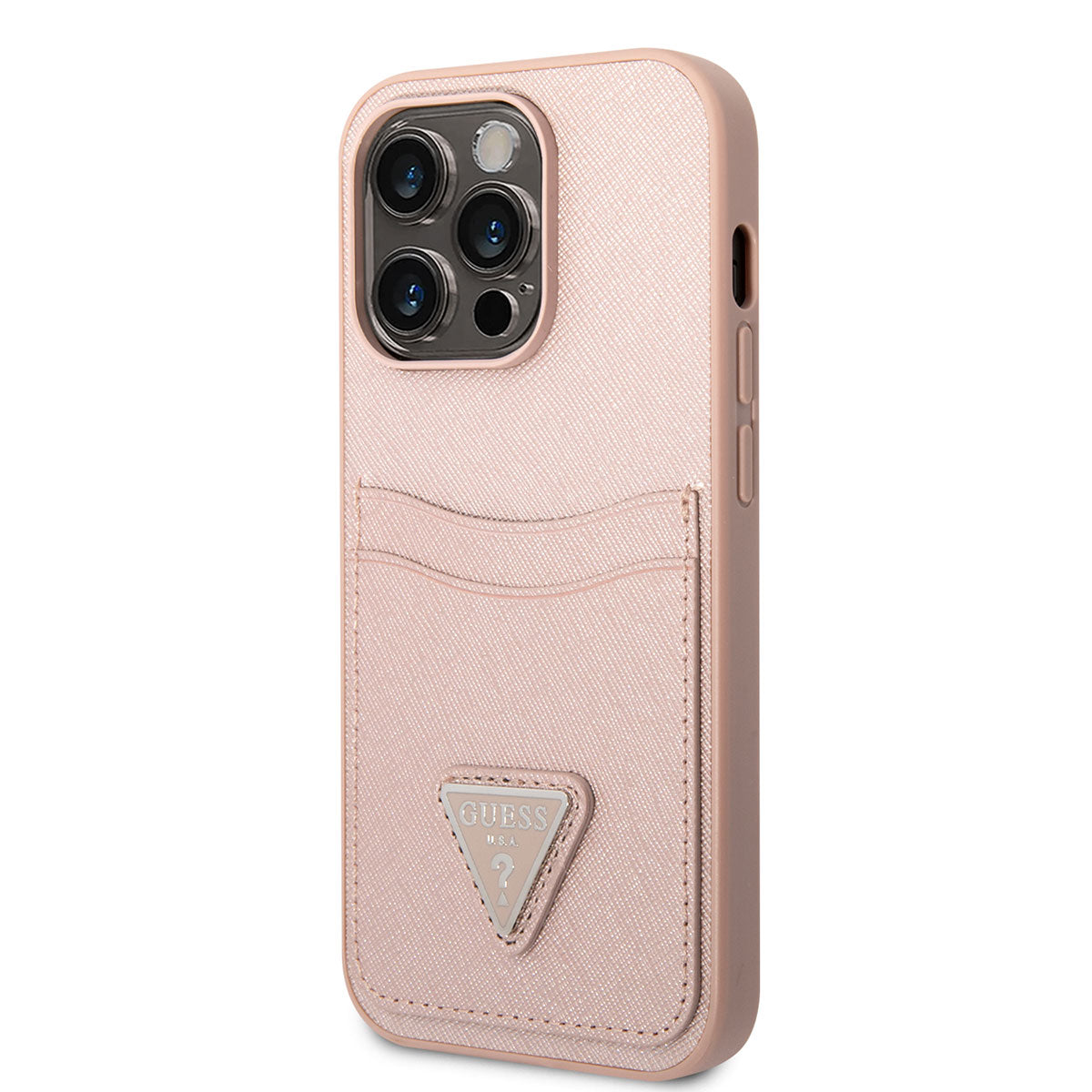 Apple iPhone 14 Pro Kılıf GUESS PU Safran Deri Kartlıklı Dizayn Kapak Pembe