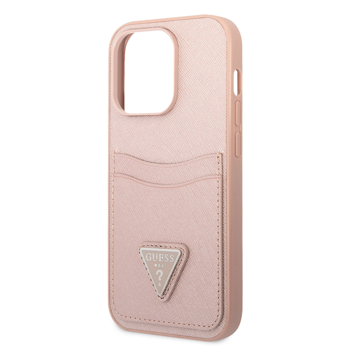 Apple iPhone 14 Pro Kılıf GUESS PU Safran Deri Kartlıklı Dizayn Kapak Pembe