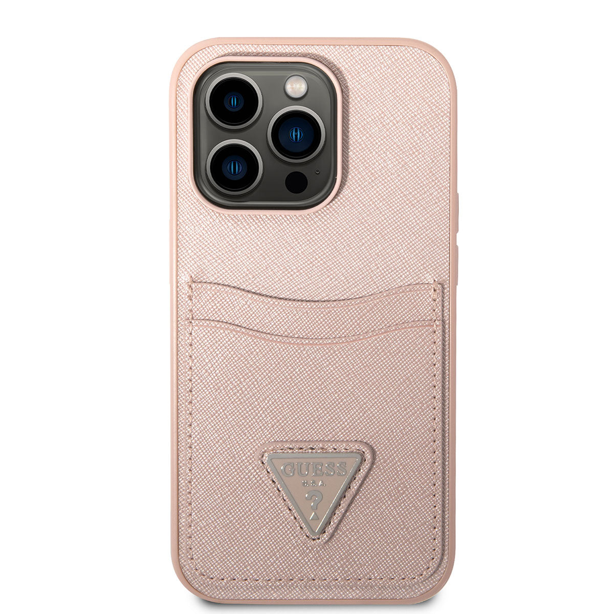 Apple iPhone 14 Pro Kılıf GUESS PU Safran Deri Kartlıklı Dizayn Kapak Pembe