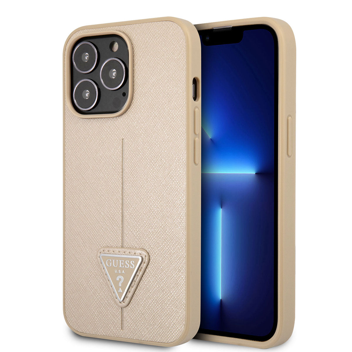 Apple iPhone 14 Pro Kılıf GUESS PU Safran Deri Üçgen Logo Dizayn Kapak Krem