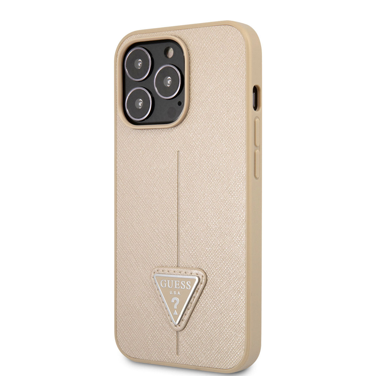 Apple iPhone 14 Pro Kılıf GUESS PU Safran Deri Üçgen Logo Dizayn Kapak Siyah