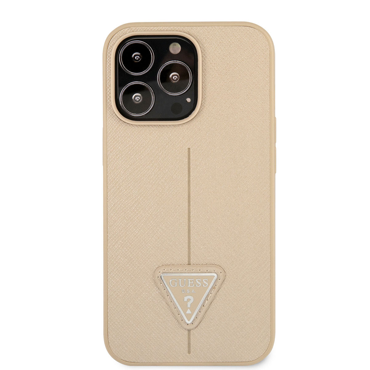 Apple iPhone 14 Pro Kılıf GUESS PU Safran Deri Üçgen Logo Dizayn Kapak Krem