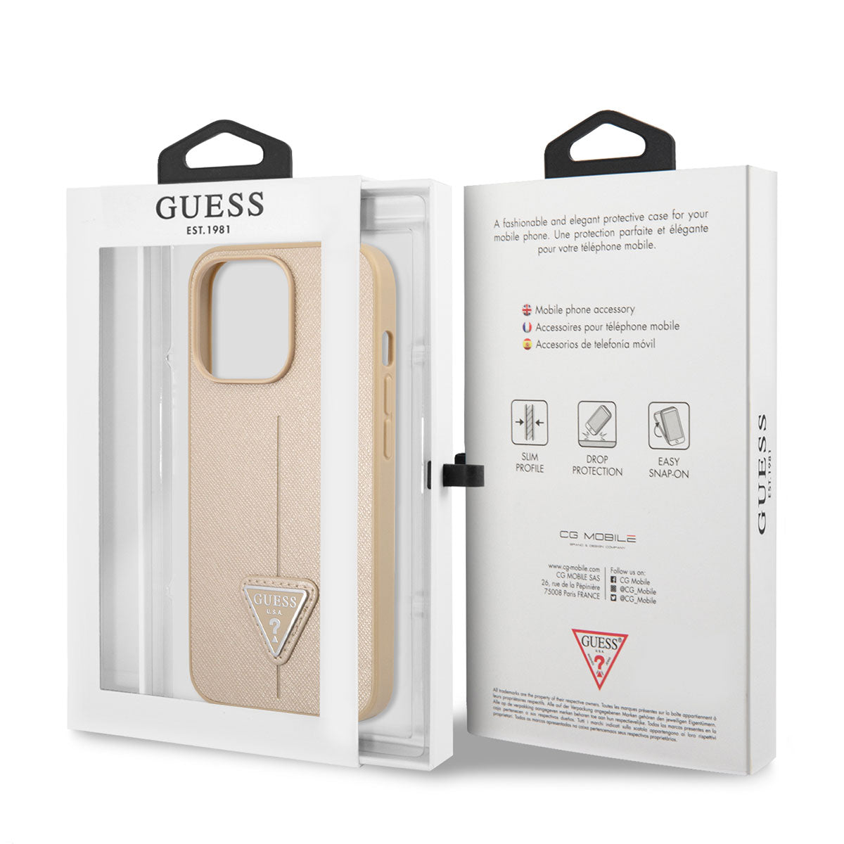 Apple iPhone 14 Pro Kılıf GUESS PU Safran Deri Üçgen Logo Dizayn Kapak Siyah
