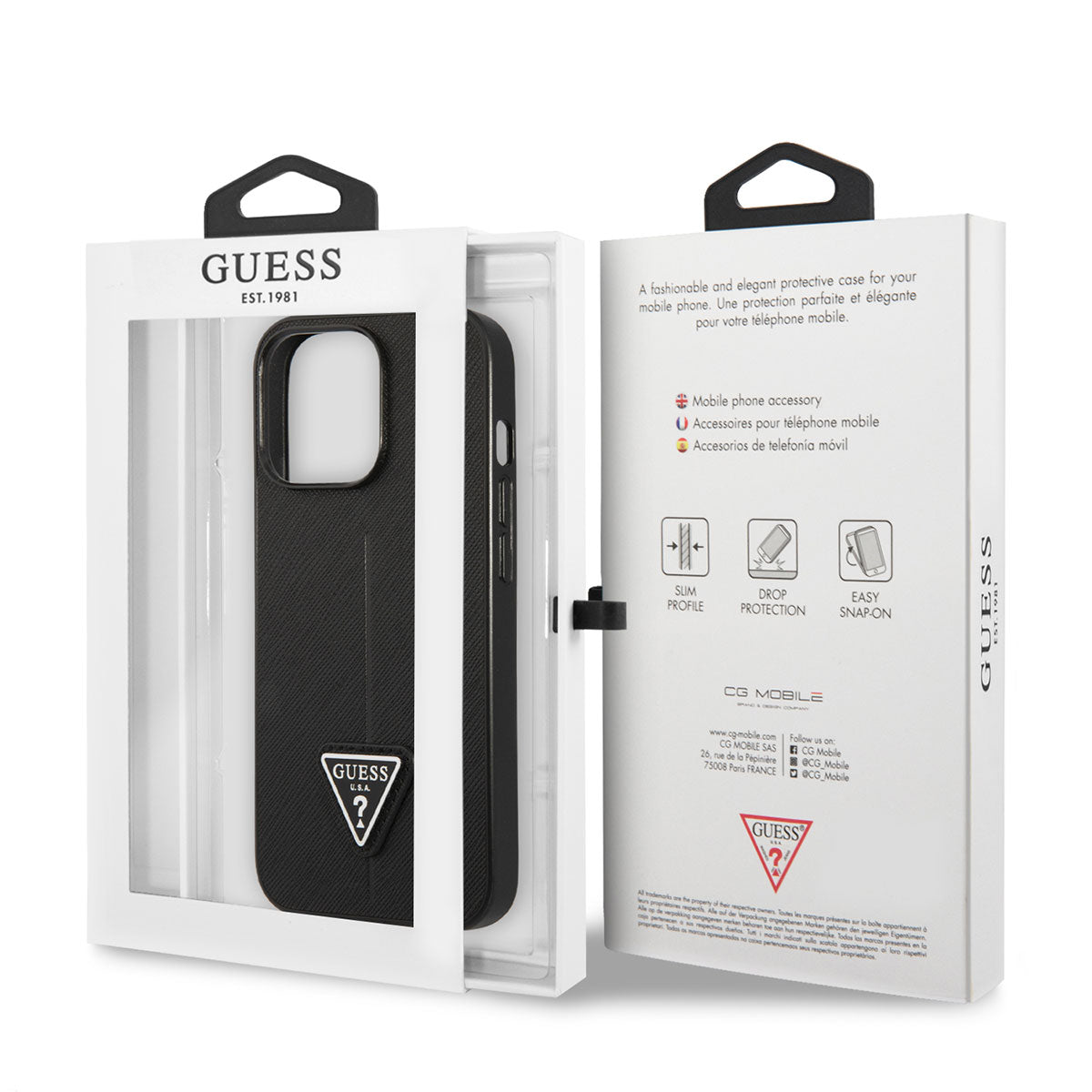 Apple iPhone 14 Pro Kılıf GUESS PU Safran Deri Üçgen Logo Dizayn Kapak Siyah