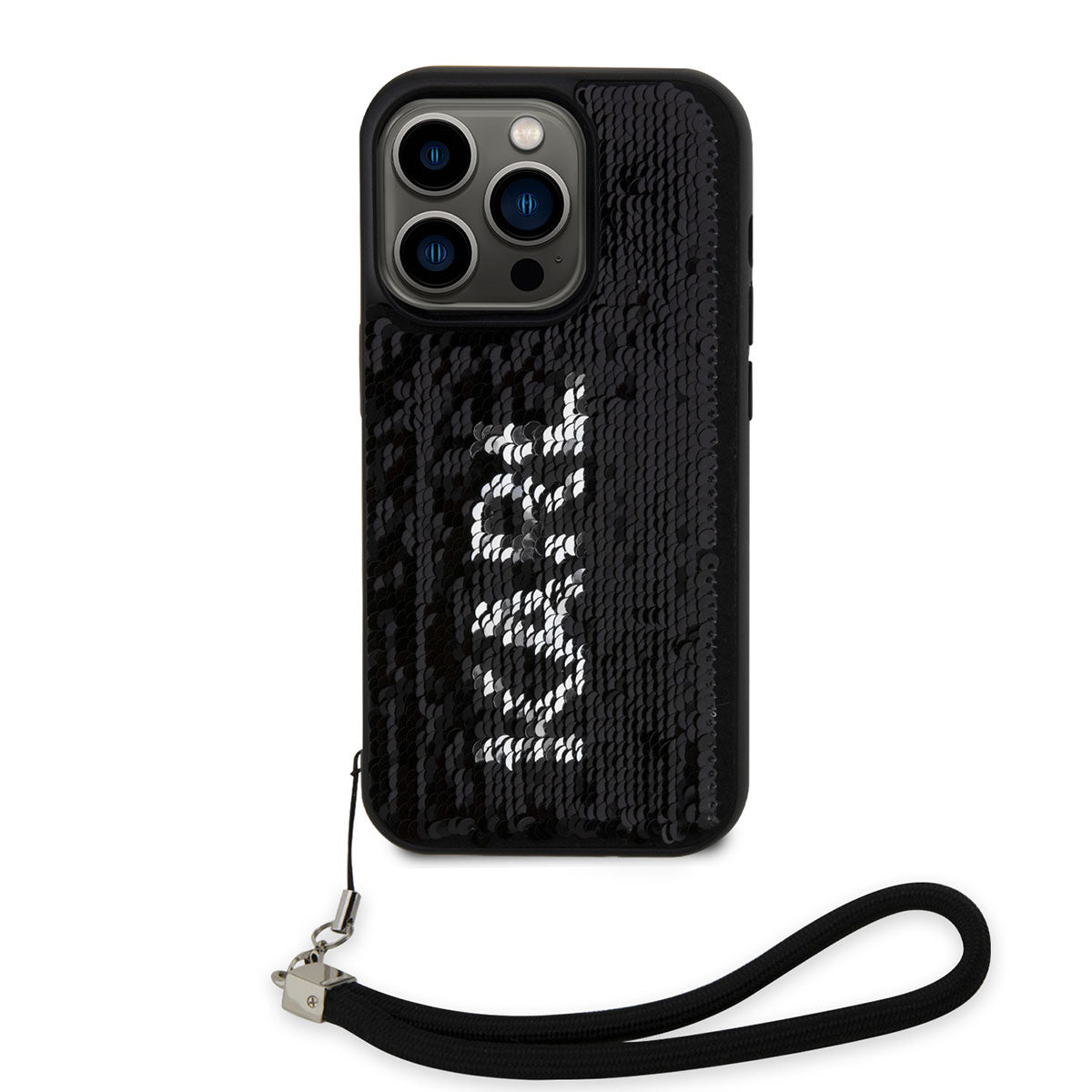 iPhone 14 Pro Kılıf Karl Lagerfeld El Askısı İpli Hareketli Pullu Dizayn Kılıf Siyah-Gümüş