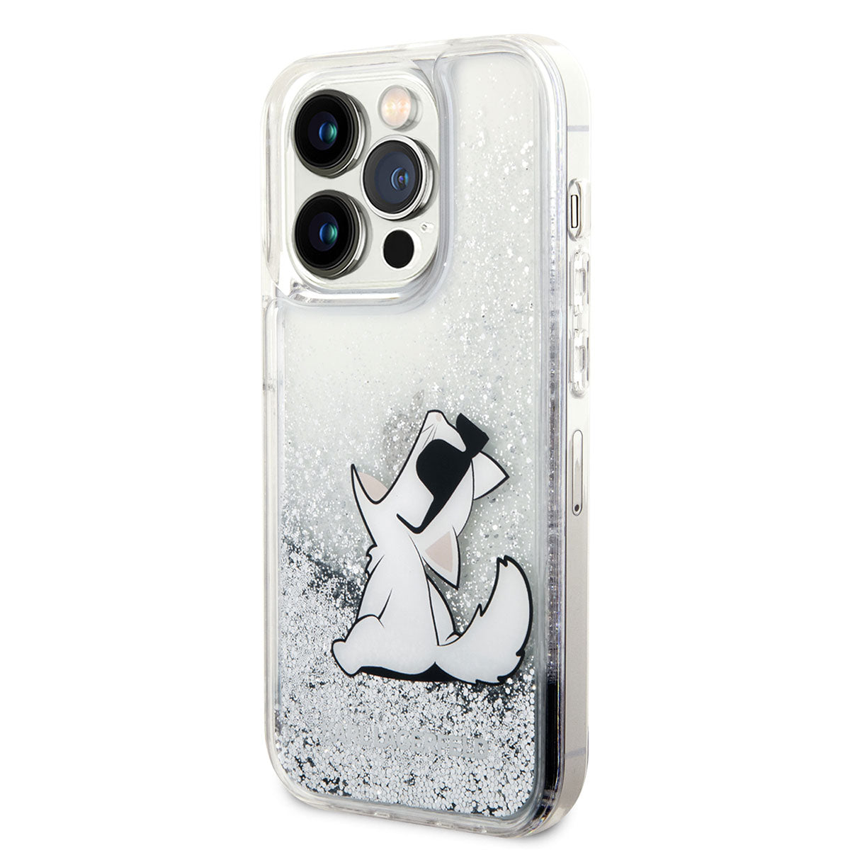 iPhone 14 Pro Kılıf Karl Lagerfeld Sıvılı Simli Choupette Dizayn Kılıf Gümüş