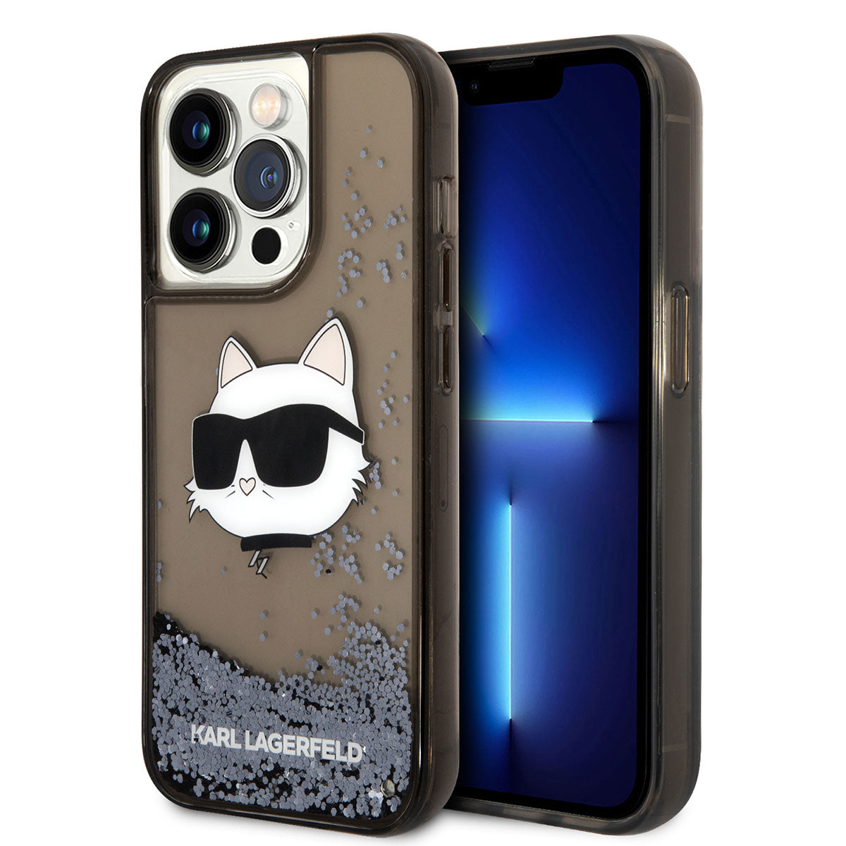 iPhone 14 Pro Kılıf Karl Lagerfeld Sıvılı Simli Choupette Head Dizayn Kılıf Siyah