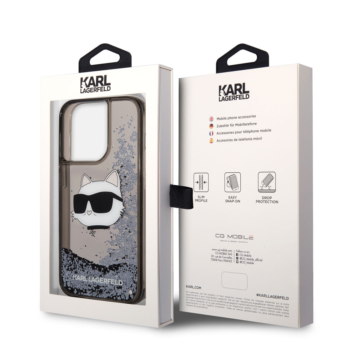 iPhone 14 Pro Kılıf Karl Lagerfeld Sıvılı Simli Choupette Head Dizayn Kılıf Siyah