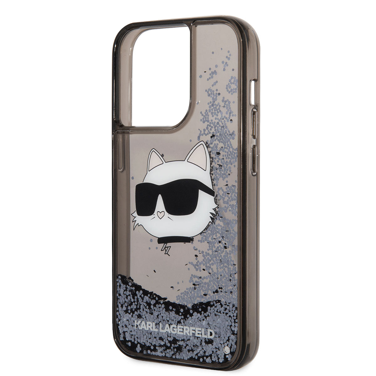 iPhone 14 Pro Kılıf Karl Lagerfeld Sıvılı Simli Choupette Head Dizayn Kılıf Siyah