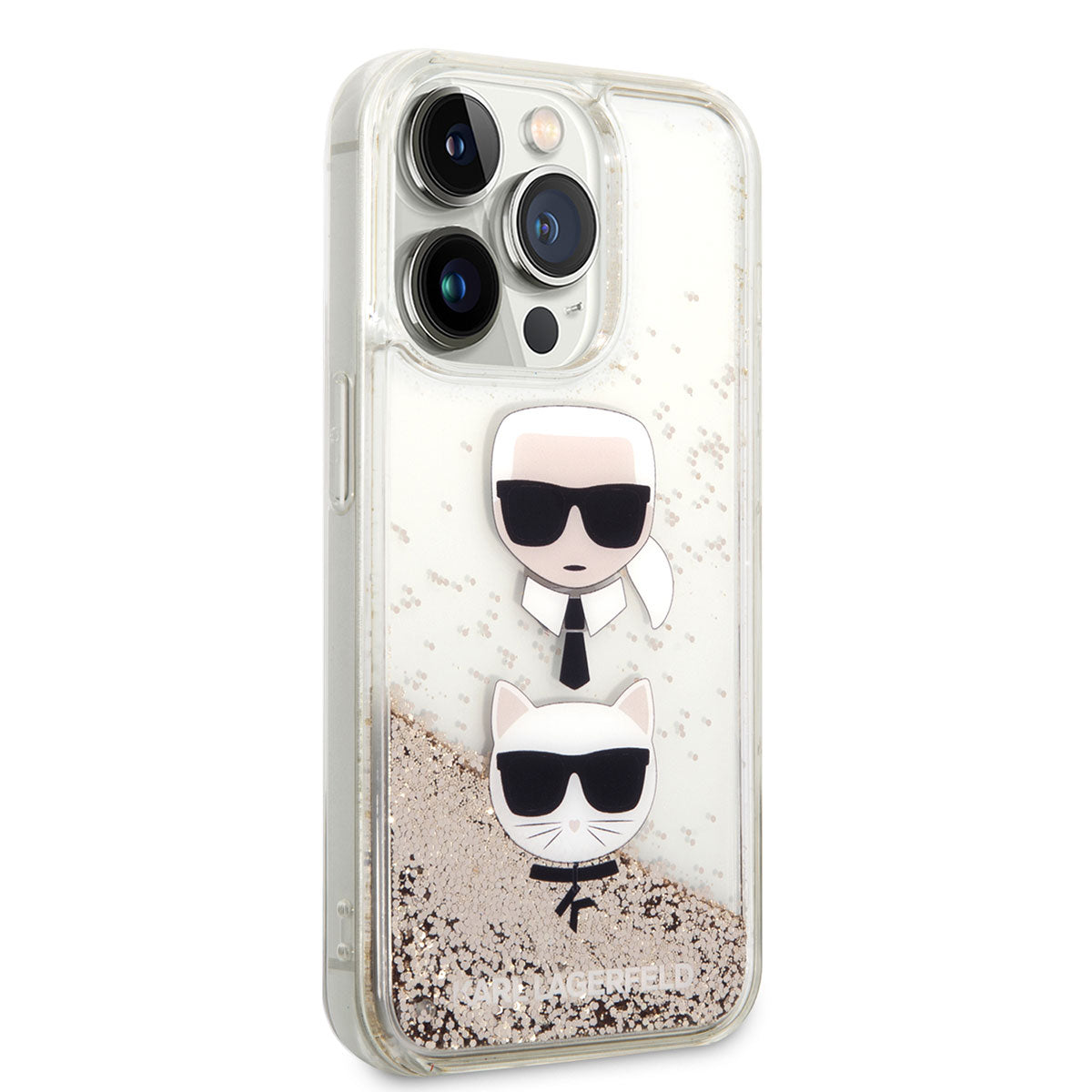 iPhone 14 Pro Kılıf Karl Lagerfeld Sıvılı Simli K&C Head Dizayn Kılıf Gold